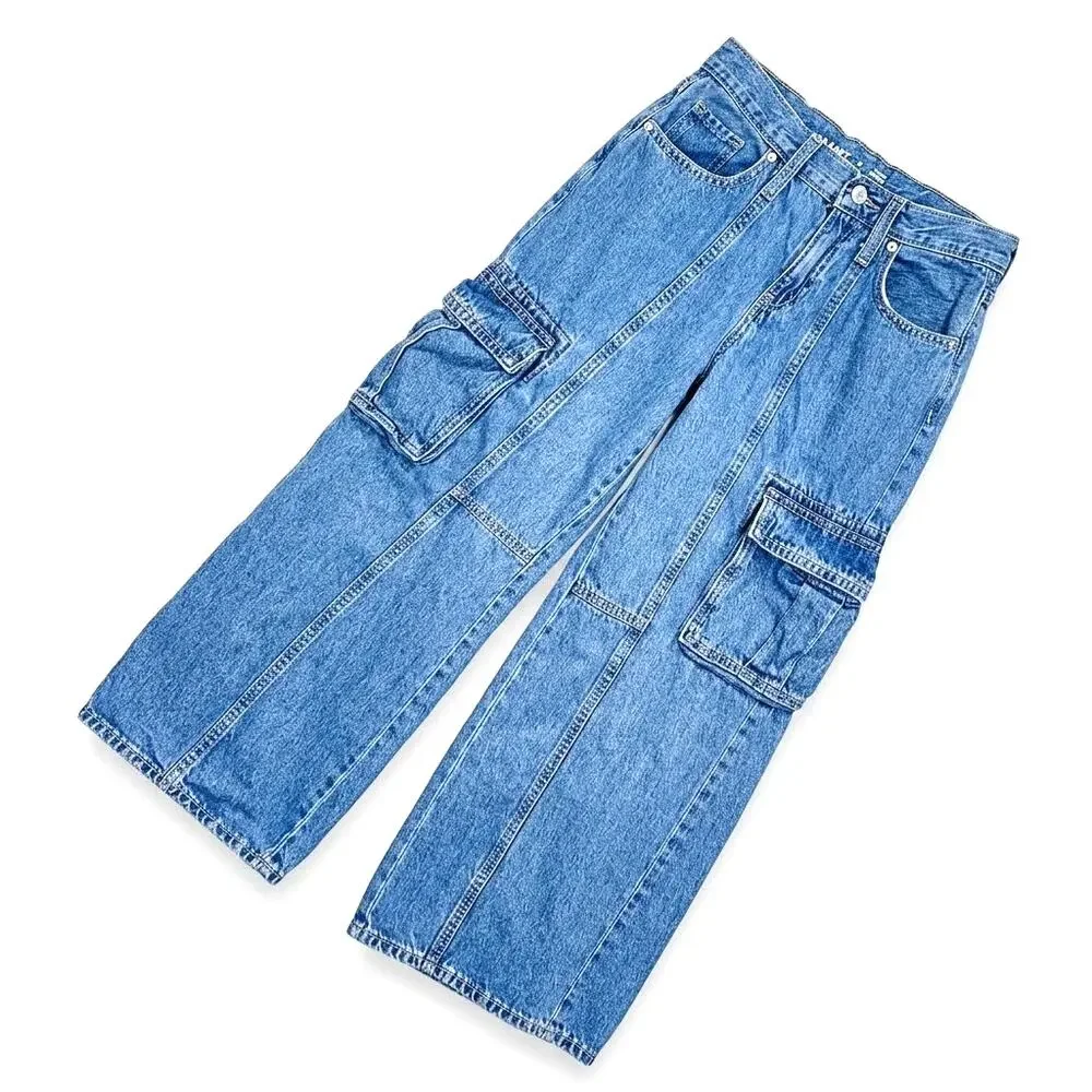 Old Navy High Waisted Super Baggy Wide-Leg Cargo Jeans Blue Indigo Girls 12
